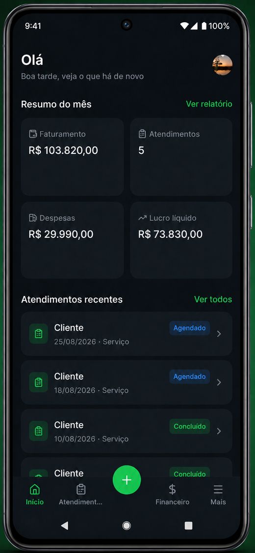 Tela inicial com faturamento, despesas e lucro líquido do mês