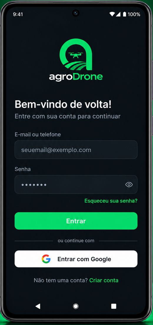 Tela de login do agroDrone com e-mail, senha e entrada com Google